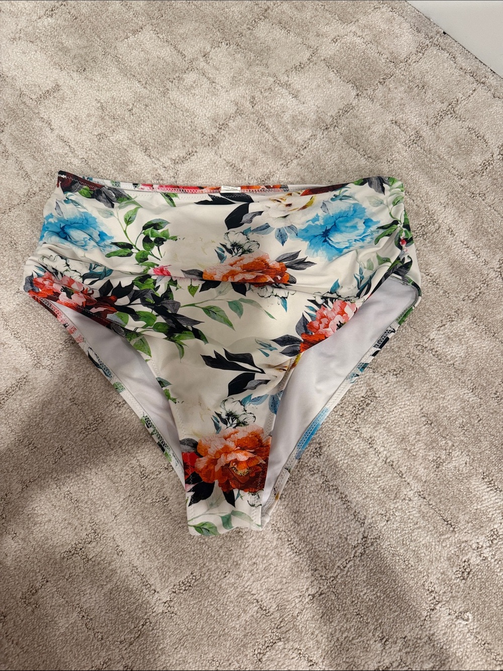 Floral High-Waist Women's Swim Bottoms - White with Multicolor Floral Print